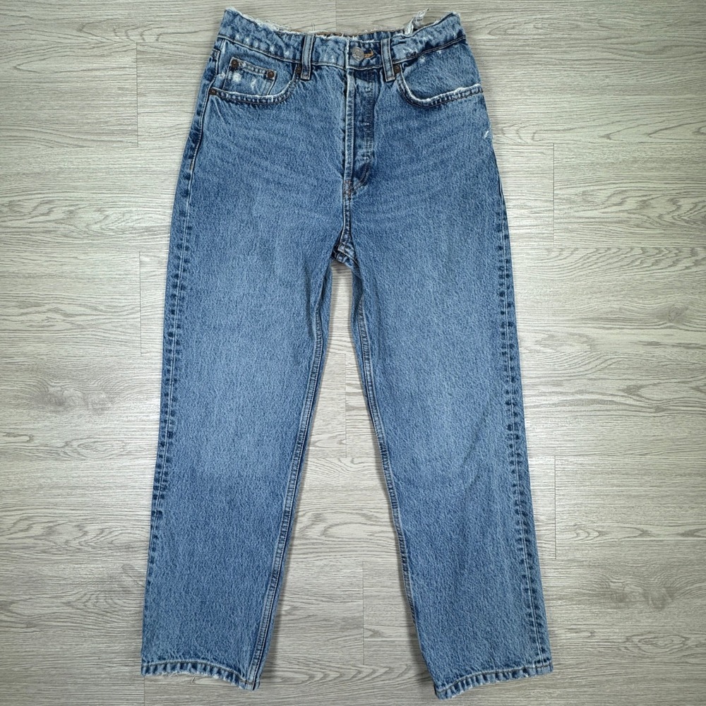 Zara‎ Women Jeans High Rise Straight Leg Blue Denim 4 Raw Hem Frayed Distressed